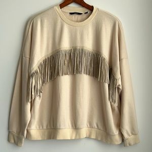 Vero Moda Beige Tan Fringe Rhinestone Kaidyns Long Sleeved Sweatshirt